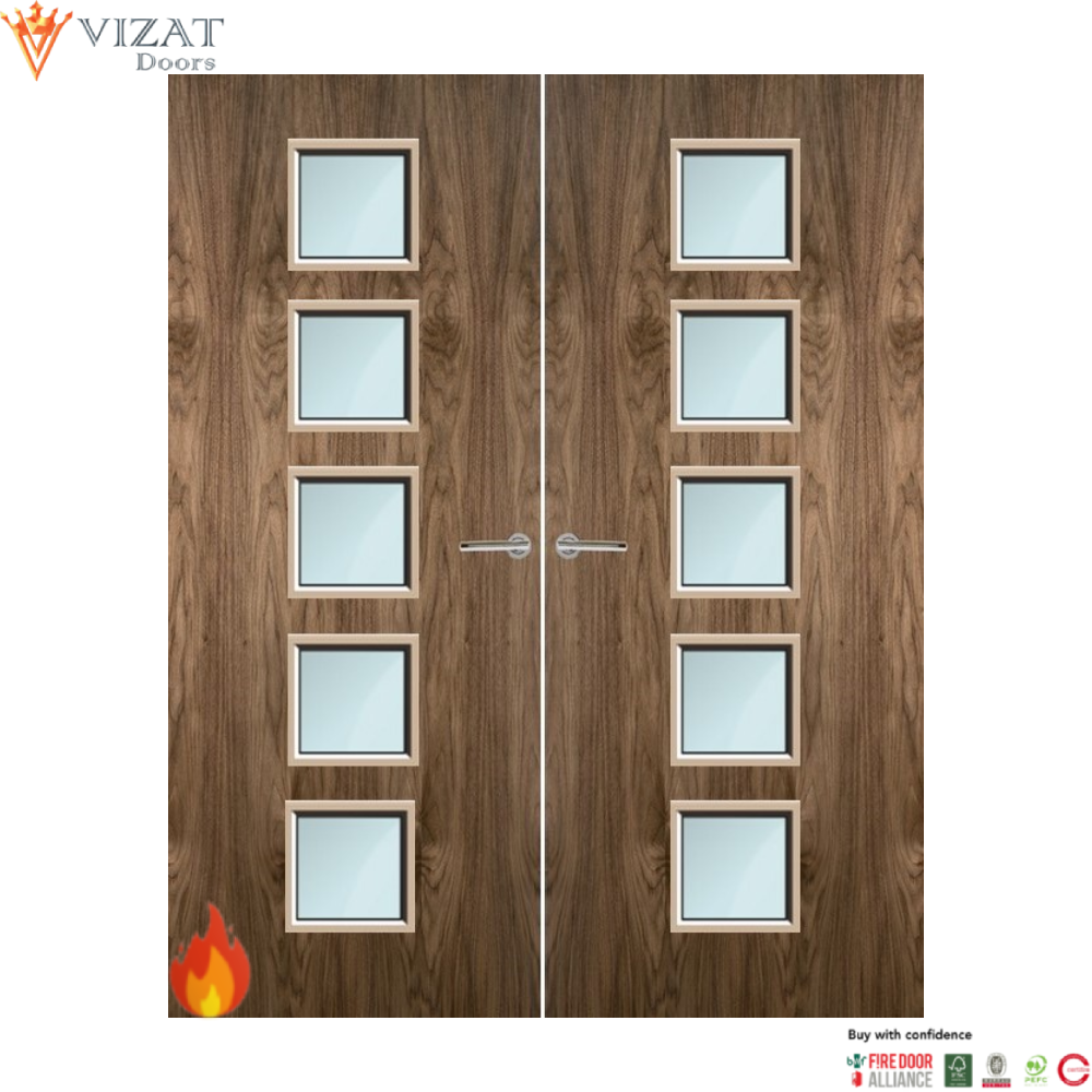 Walnut Veneer 10G Glazed Pair FD30 Internal Fire Door