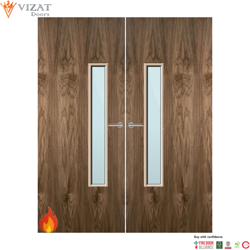 Walnut Veneer 18G Glazed Pair FD60 Internal Fire Door