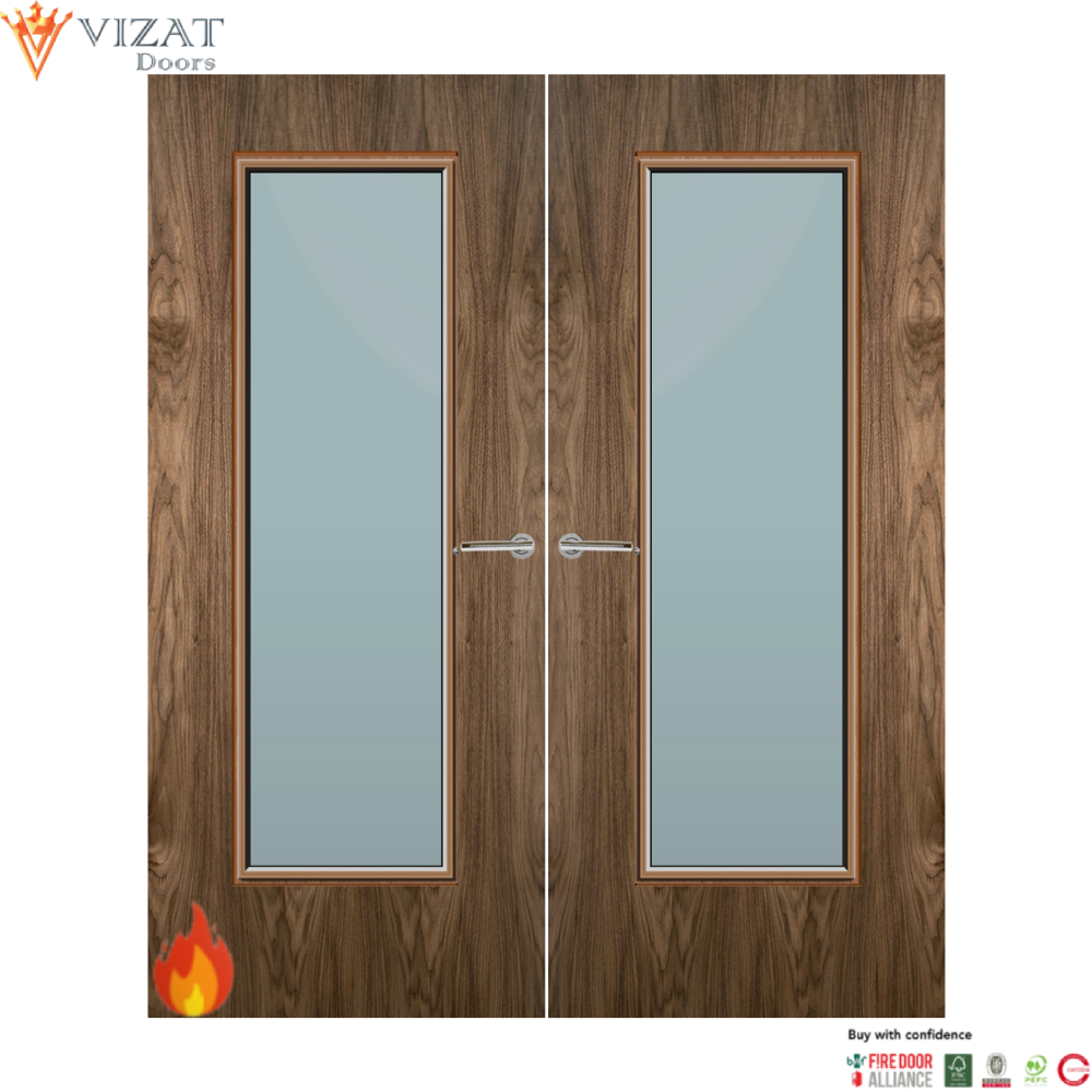 Walnut Veneer 19G Glazed Pair FD60 Internal Fire Door