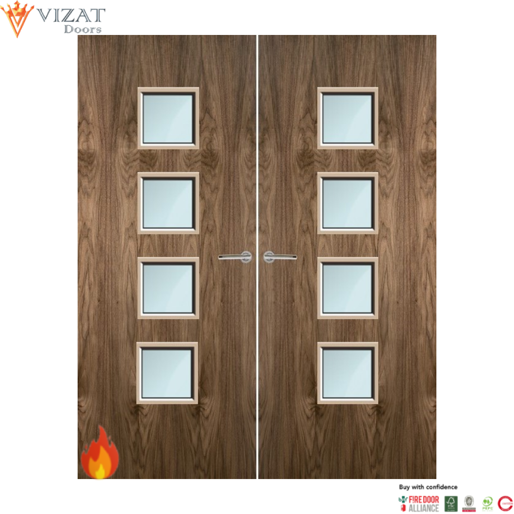 Walnut Veneer 22G Glazed Pair FD30 Internal Fire Door