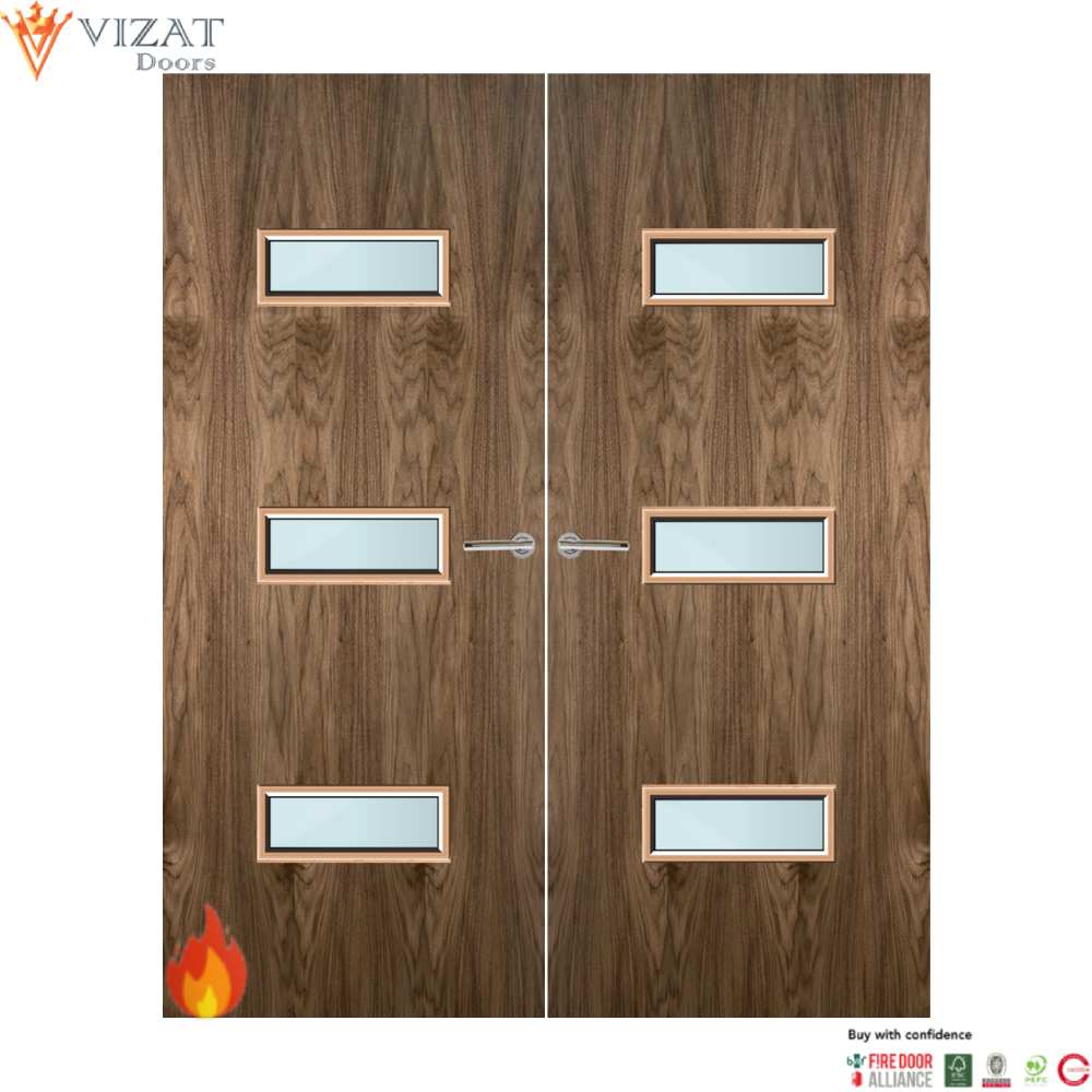 Walnut Veneer 24G Glazed Pair FD60 Internal Fire Door