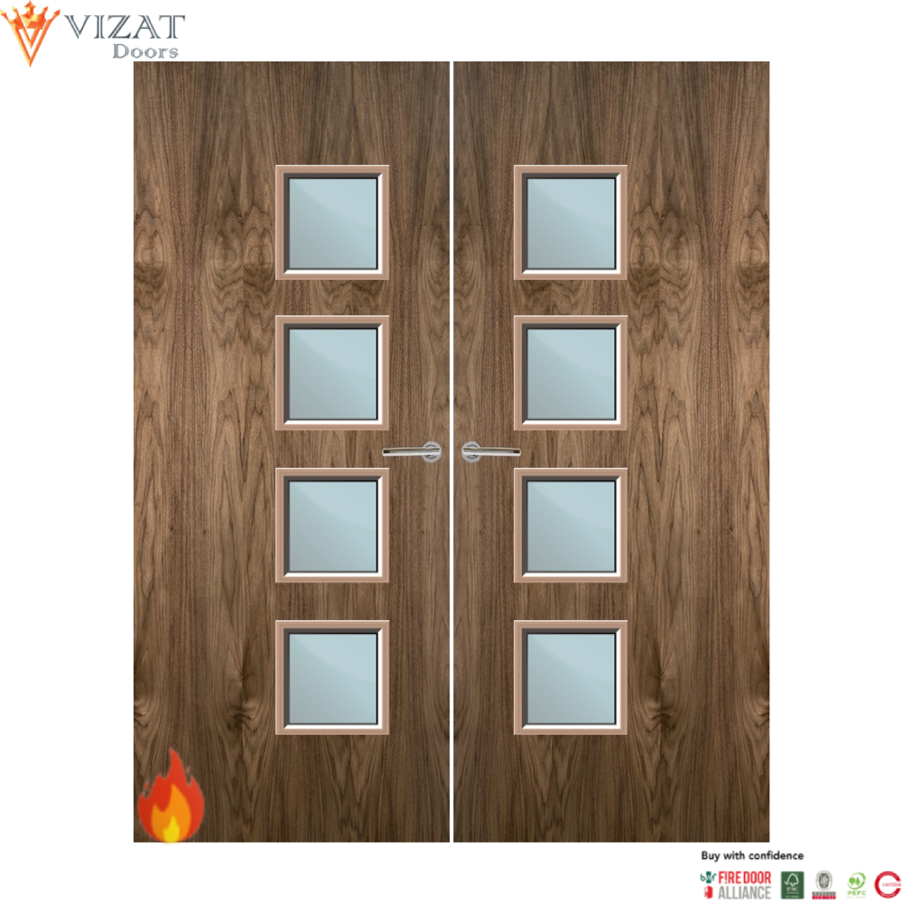 Walnut Veneer 26G Glazed Pair FD60 Internal Fire Door