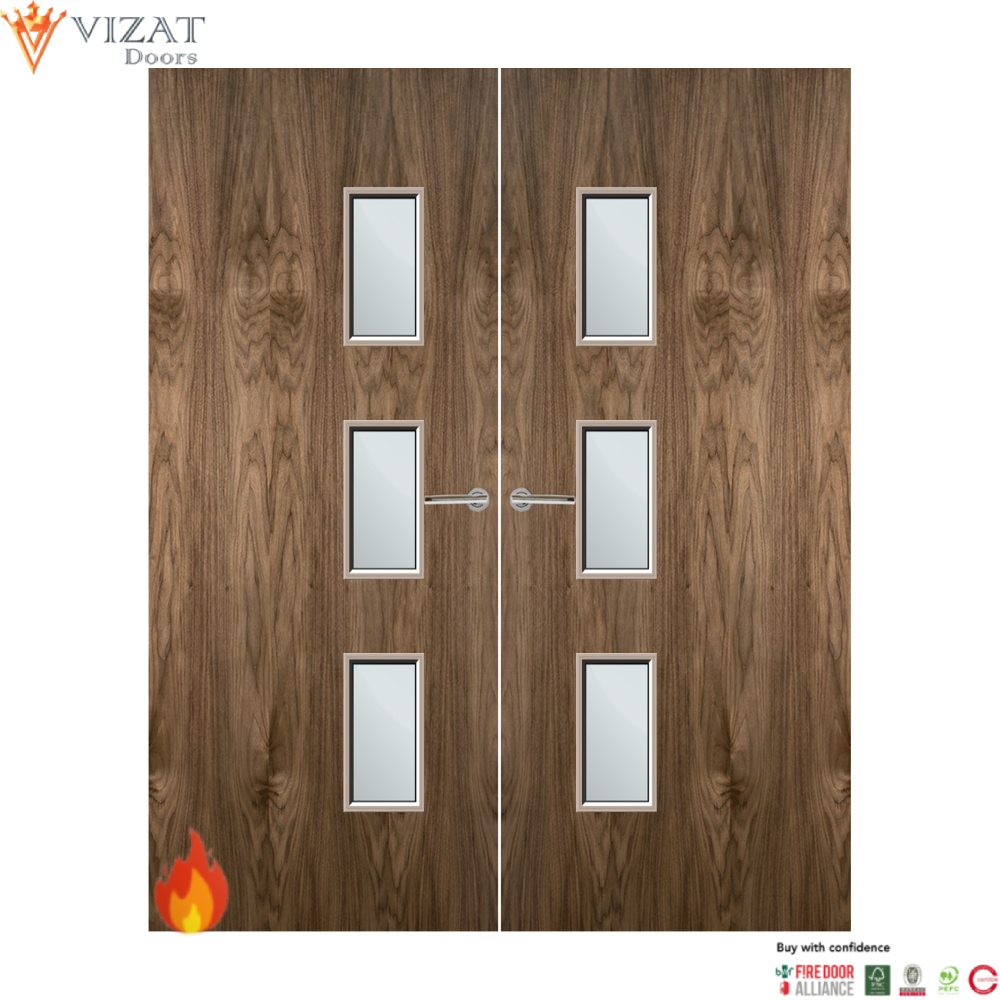 Walnut Veneer 28G Glazed Pair FD60 Internal Fire Door