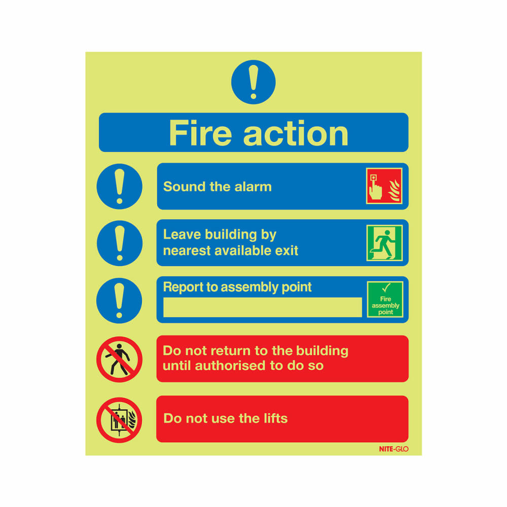 Photoluminescent Fire Action Sign 300x250mm Rigid Plastic