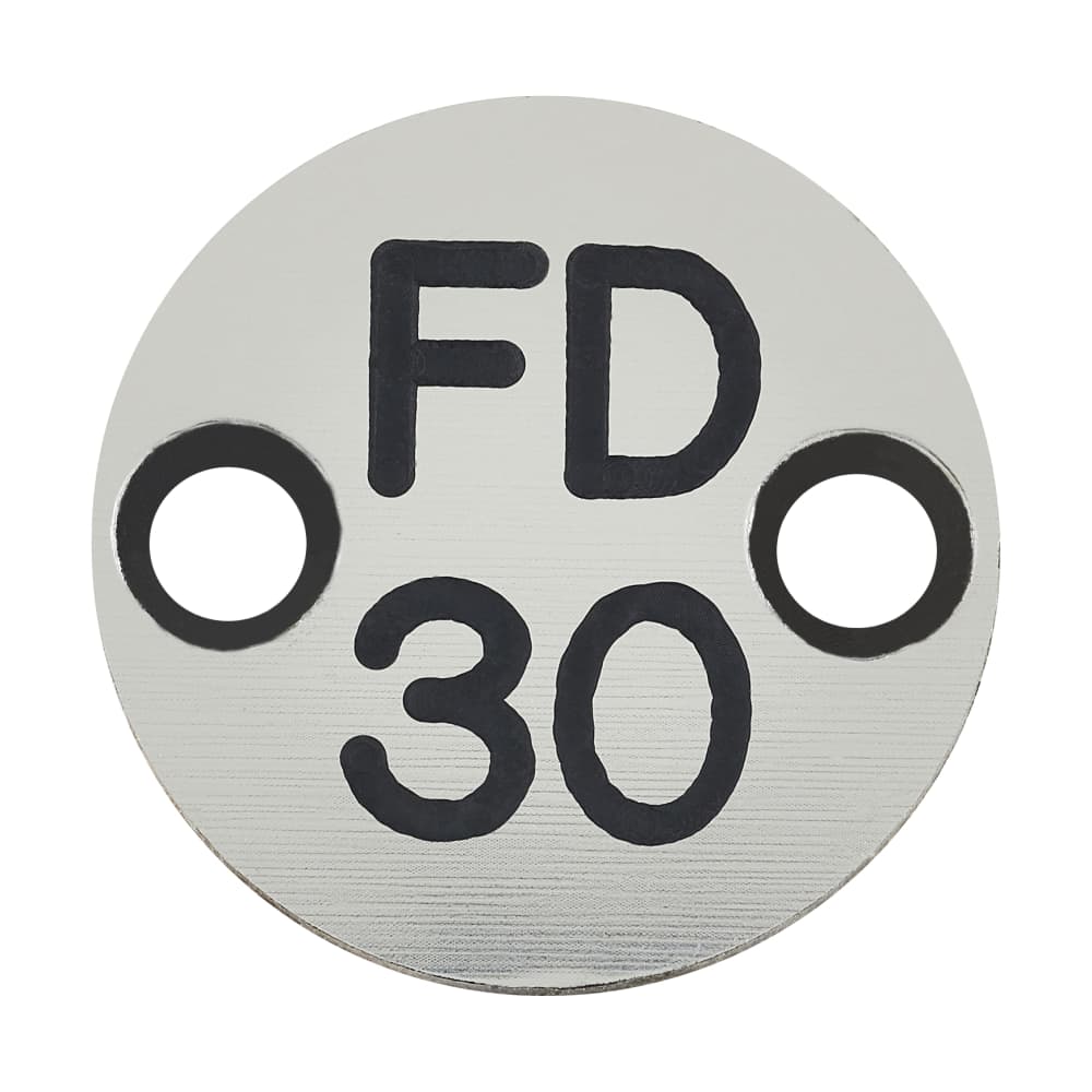 FD30 Fire Door Sign Drilled 25mm Diameter Rigid Plastic Silver