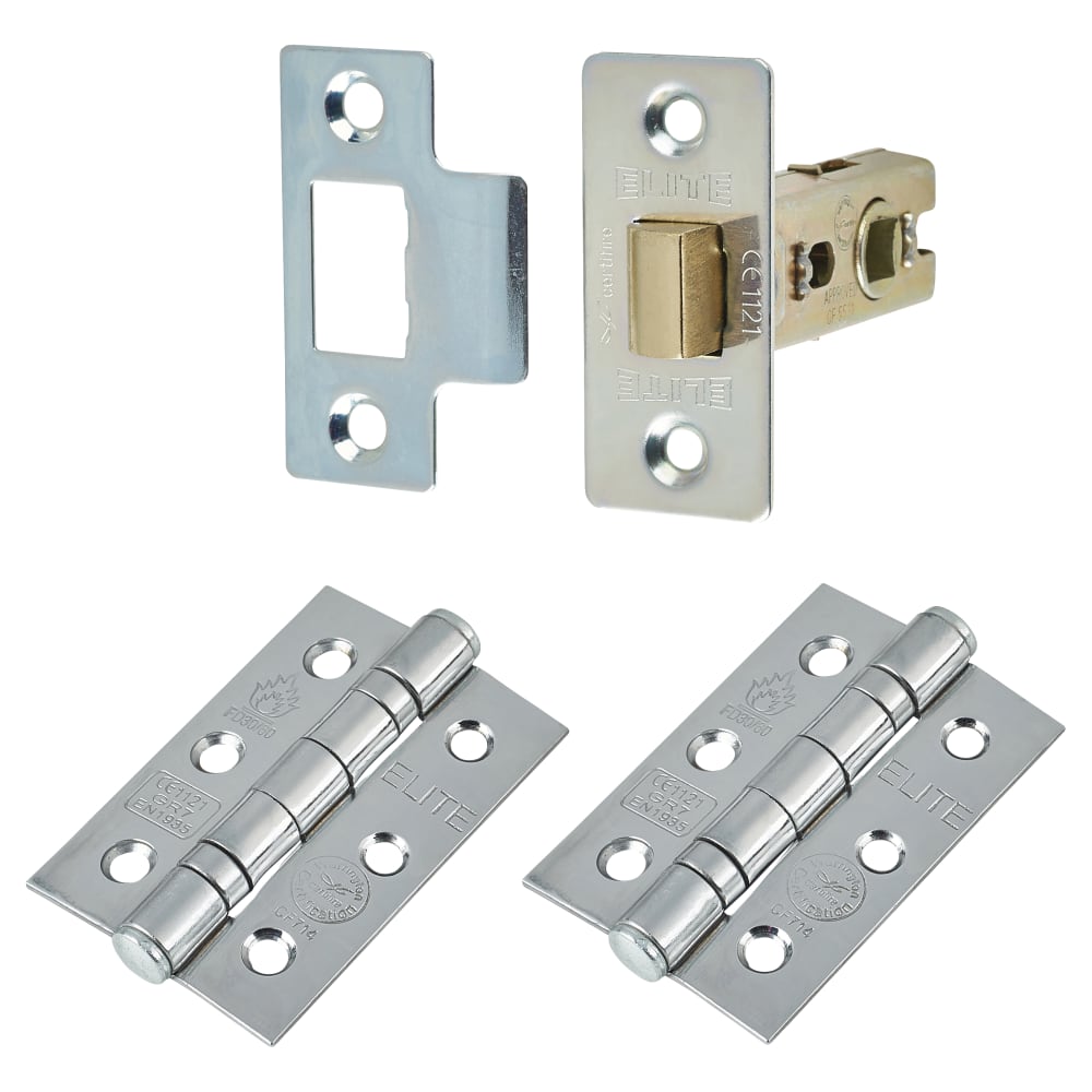 Tubular Latch Pack 57mm Backset 2xBall Bearing Hinges Polished Chrome