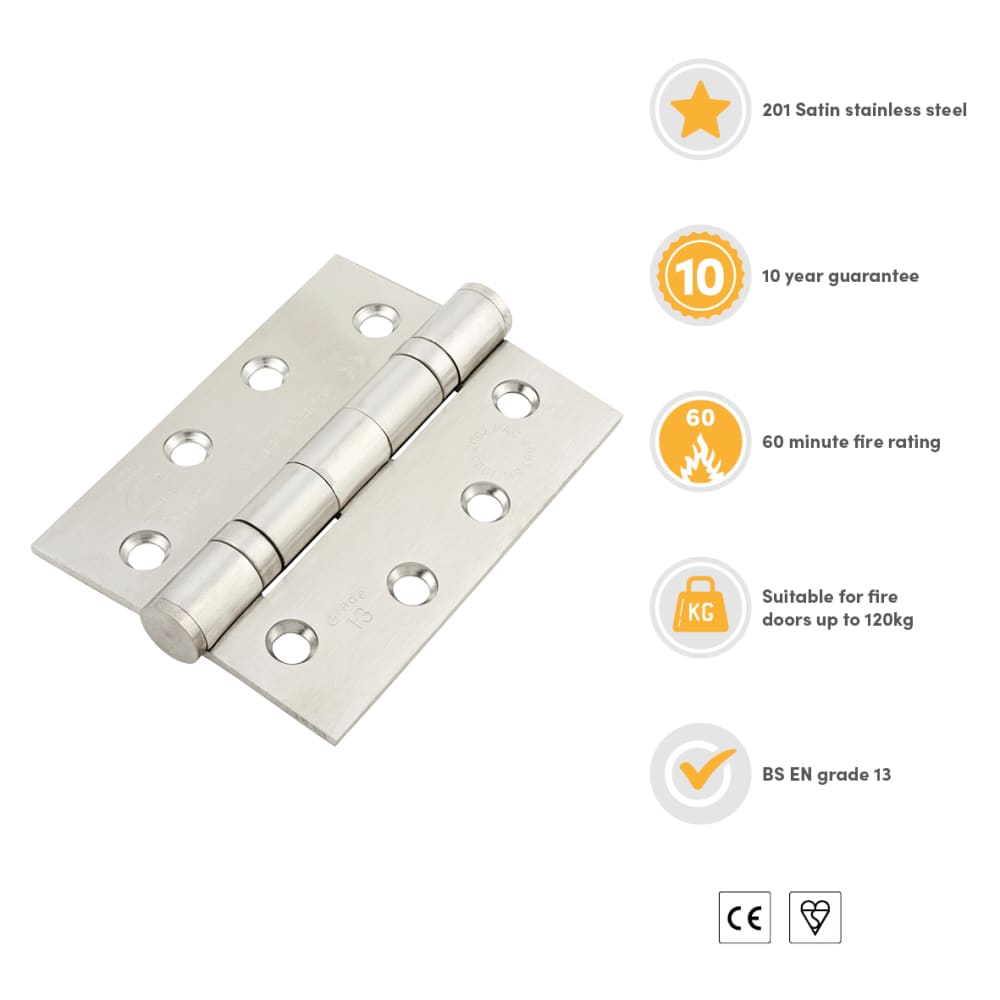 Twin Ball Bearing Fire Door Hinge Stainless Steel Pack of 3