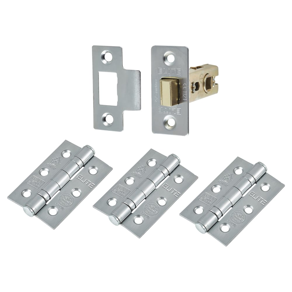 Tubular Latch Pack 57mm Backset 3xFire Rated Ball Bearing Hinges Satin Chrome