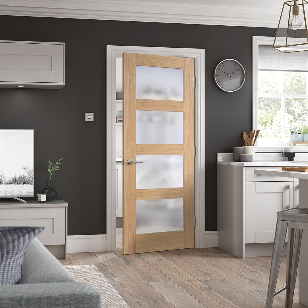 Oak Shaker Glazed 4L Frosted Pre-Finished Door